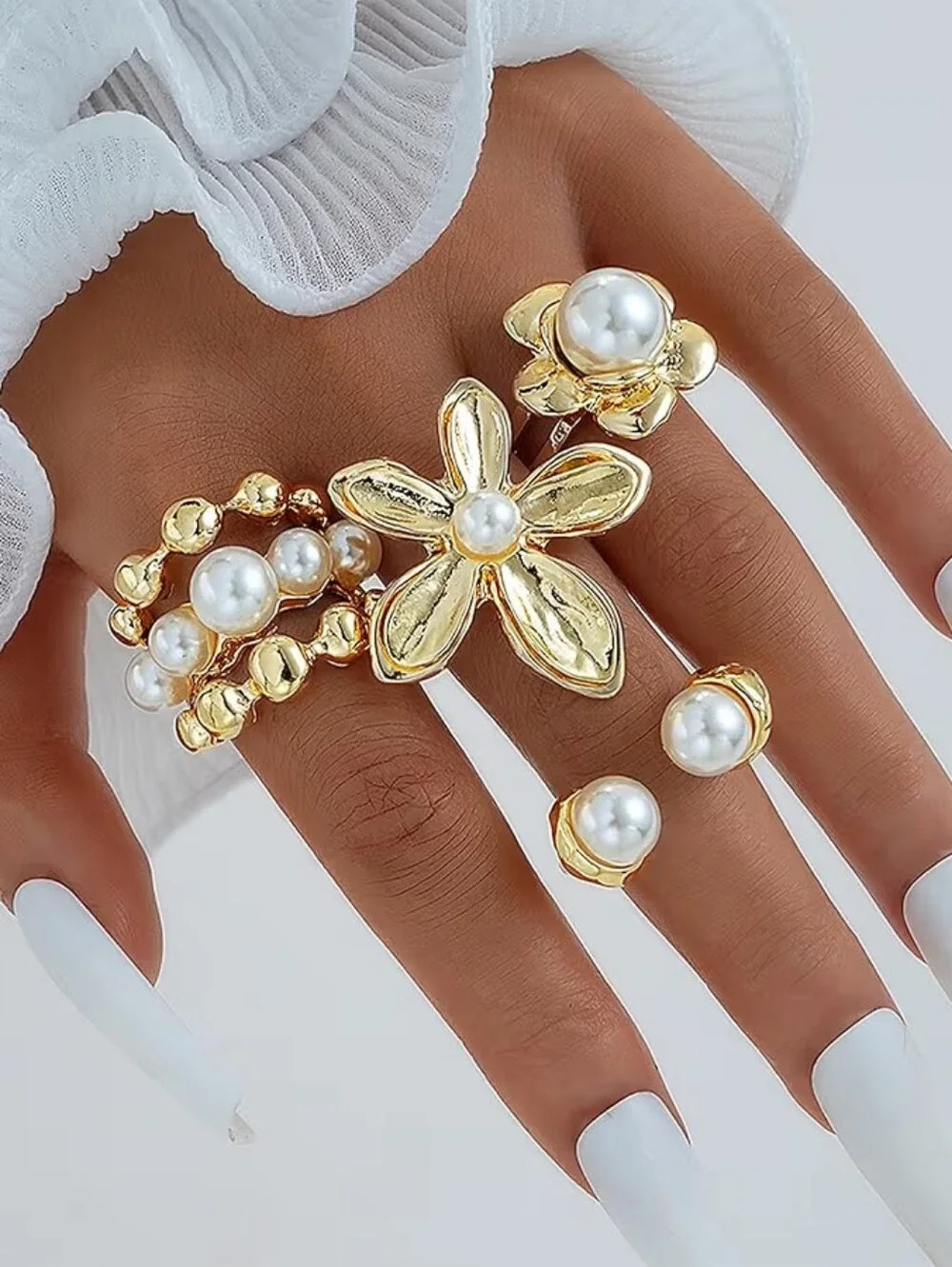 Chunky Gold Ring Set Boho Flower Baroque Pearl Rings Adjustable Stackable - Picture 3 of 4